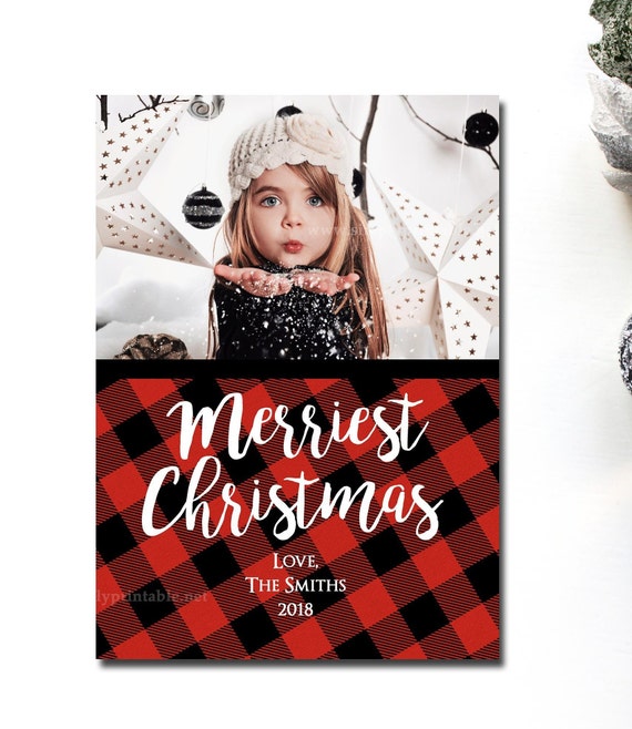 Christmas Card with Photo, Red Buffalo Plaid, Merriest Christmas, Holiday Card, Black Red Il_570xn