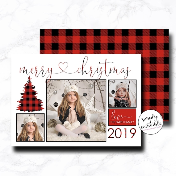 Christmas Card with 3 Photos, Holiday Card, Printable, Printed, Digital, Buffalo Check, Plaid Il_570xn
