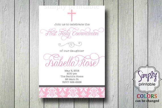 Damask Girls Communion Invitation or Baptism Invitation Il_570xn
