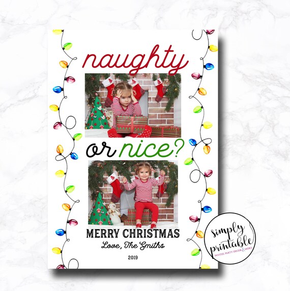 Naughty or Nice Christmas Photo Card, Holiday Card, 2 photos, Christmas Lights Il_570xn