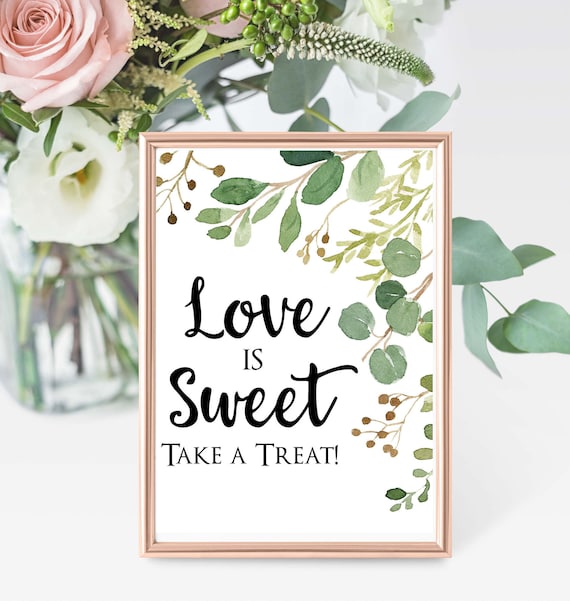 Printable Love is Sweet Candy Table Sign 8"x10" PDF Bridal Shower, Greenery, Green Floral Stems, Instant Download Il_570xn