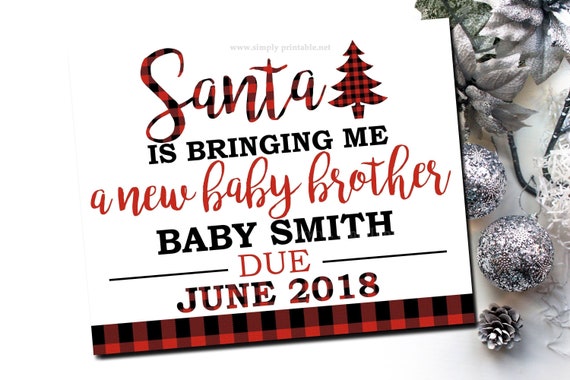 Printable Christmas Pregnancy Announcement Sign, Santa, December Baby Announcement, Buffalo Plaid Il_570xn
