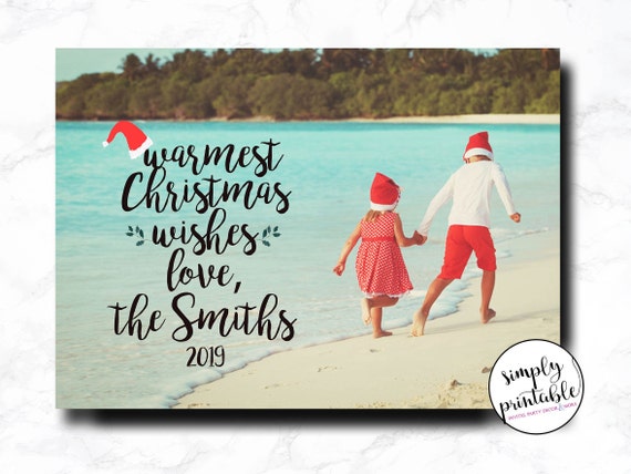 Beach Christmas Card with Photo, Beach, Warmest Wishes, Santa Hat, Holiday Card, Printable, Printed Il_570xn