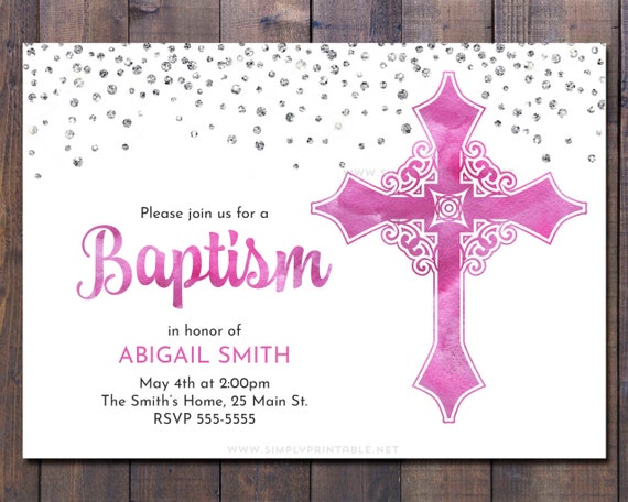 Baptism Invite, Baptism Invitation Girl, First Holy Communion Invitation, Printable Digital Printed, Pink Watercolor, Christening Il_570xn