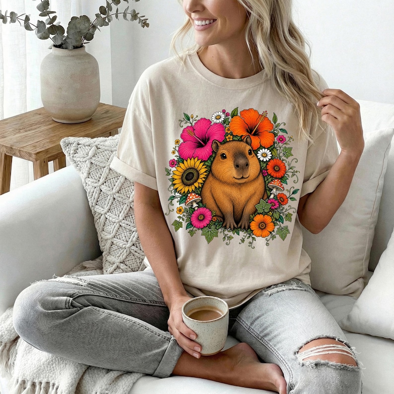 May include: A beige short-sleeve t-shirt featuring a central graphic of a brown capybara surrounded by a vibrant floral arrangement of pink, orange, and yellow flowers, green leaves, and small mushrooms, printed on the front of the garment.