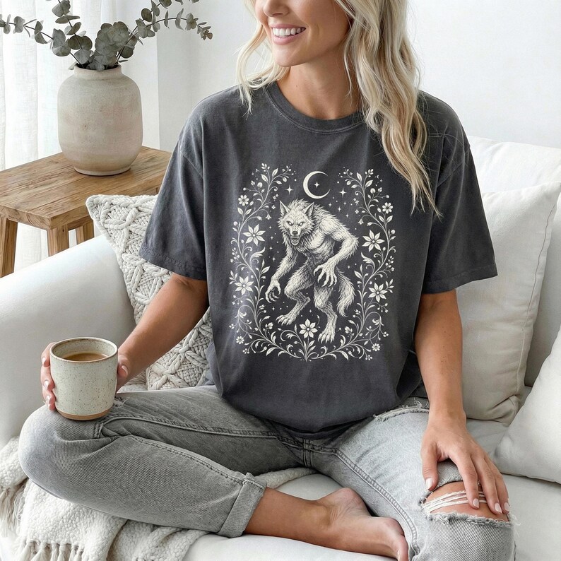 Werewolf Shirt, Floral Gothic Wolf Tee, Vintage Horror Halloween Shirt, Dark Cottagecore Full Moon Graphic Tee, Comfort Colors Gift for Her image 11