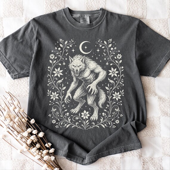 Werewolf Shirt, Floral Gothic Wolf Tee, Vintage Horror Halloween Shirt, Dark Cottagecore Full Moon Graphic Tee, Comfort Colors Gift for Her