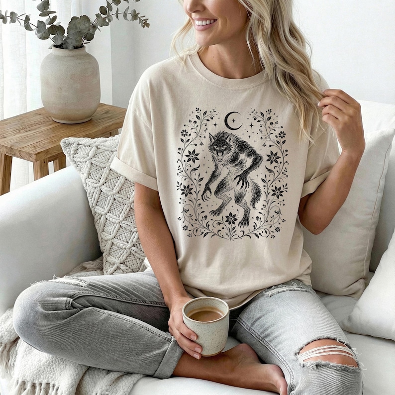 Werewolf Shirt, Floral Gothic Wolf Tee, Vintage Horror Halloween Shirt, Dark Cottagecore Full Moon Graphic Tee, Comfort Colors Gift for Her image 5
