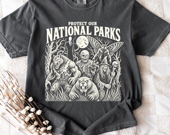 Protect Our National Parks Shirt, Cryptid Monsters Lineup Tee, Mothman Werewolf Witch Zombie Vintage Horror Halloween Grunge Top