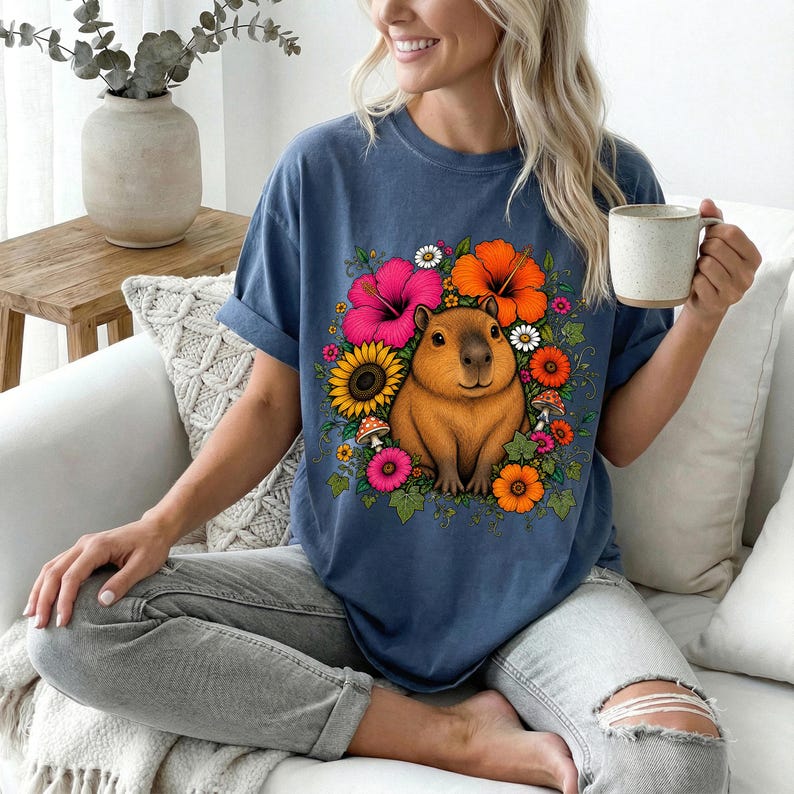 May include: A blue short-sleeve t-shirt featuring a central graphic of a brown capybara surrounded by a colorful arrangement of pink, orange, and yellow flowers, green leaves, and small mushrooms. The shirt has a crew neckline and rolled sleeves.