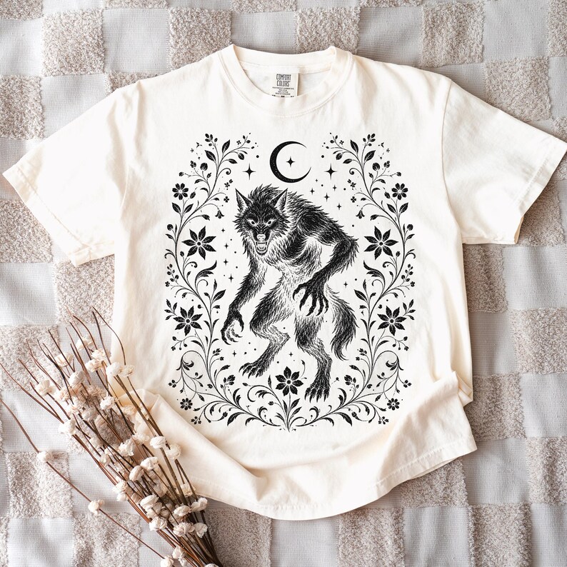Werewolf Shirt, Floral Gothic Wolf Tee, Vintage Horror Halloween Shirt, Dark Cottagecore Full Moon Graphic Tee, Comfort Colors Gift for Her image 14