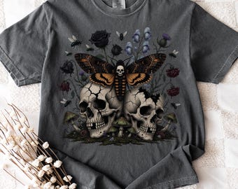 Death Moth Skull Shirt, Gothic Halloween Tee, Twin Skull Goth Grunge Shirt, Whimsigoth Dark Academia Comfort Colors Tee, Skull Flower Gift