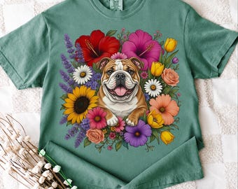 Floral English Bulldog Shirt, Cute Bulldog Lover Tee, Cottagecore Wildflower Dog Mom Shirt, English Bulldog Gift for Women, Funny Dog Tee