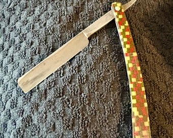 ヴィンテージの「チェッカーウェッジ」チェッカー柄セルロイドハンドルストレートレザー！