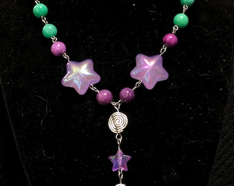 starry night, purple and blue rosary style necklace with stars, swirls, and a moon pendant witch whimsical witchy