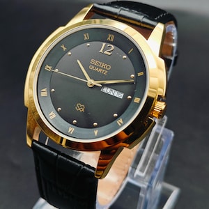 Vintage Seiko Quartz Men&#39;s Day Date Wrist Watch, Round Watch-Gold Plated Watch.Black face watch