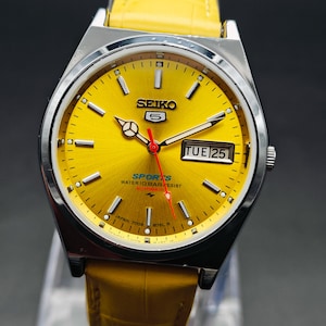 Vintage Authentic Seiko 5 Sports Automatic Men&#39;s Day Date Wrist Watch, Round Dial Watch-Yellow Dial Watch.Ref-6309