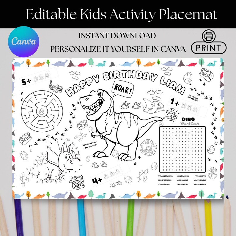 Editable Dinosaur Birthday Party Placemat | Editable in Canva | Kids ...