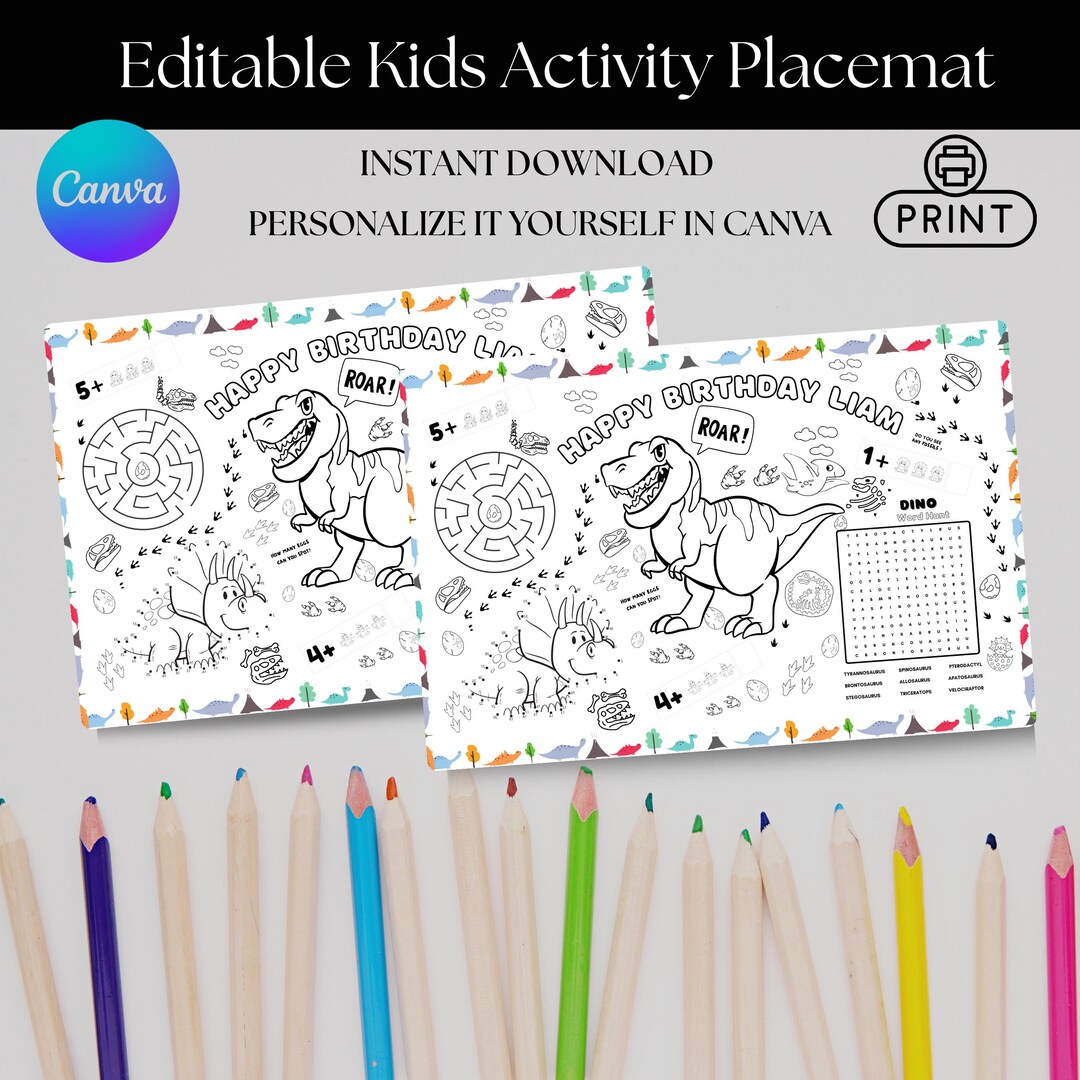Editable Dinosaur Birthday Party Placemat | Editable in Canva | Kids ...