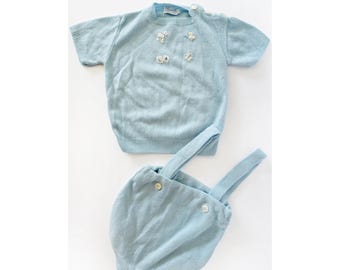 0-3 months Vintage Baby Blue Suspenders Knit Set Nursery Theme– 1960s Italian Sweater & Shorts
