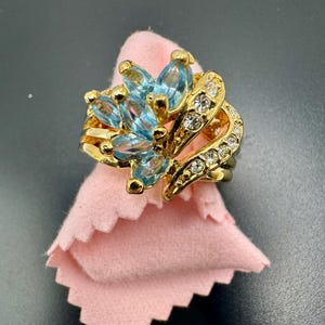 Vintage Inspired 14K GE Cocktail Ring with Blue and Clear CZ Stones
