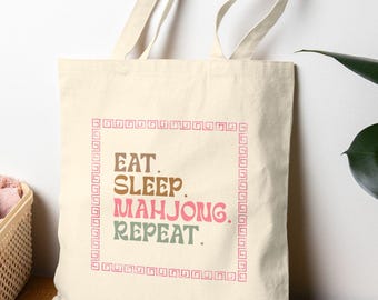 Eat Sleep Mahjong Repeat Canvas Tote, Game Night Bag for Women