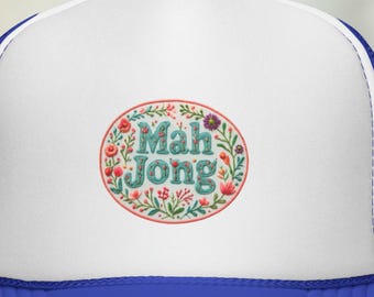 Mah Jong floral round design Trucker Cap | Mahjong faux embroidered style hat
