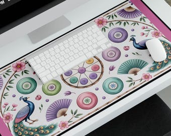 Mahjong Desk Mat: Peacock & Cherry Blossom Chinoiserie Gaming Pad