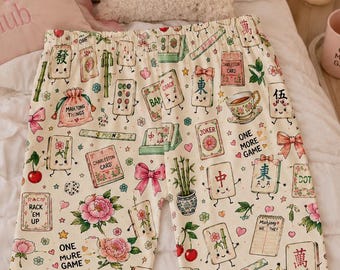 Pantalones de pijama de mahjong, pantalones de descanso con personajes de baldosas kawaii, pijamas para noches de juegos.
