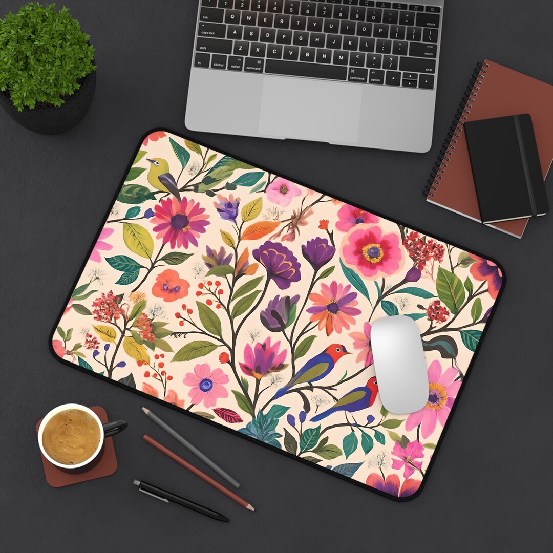 Floral Birds Pattern Desk Mat | Watercolor Flowers and Songbirds - Etsy