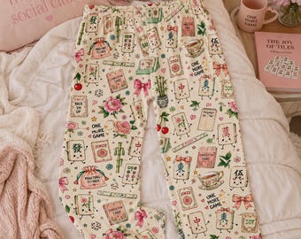 Mahjong Pajama Pants, Kawaii Tile Character Lounge Pants, Game Night Sleepwear