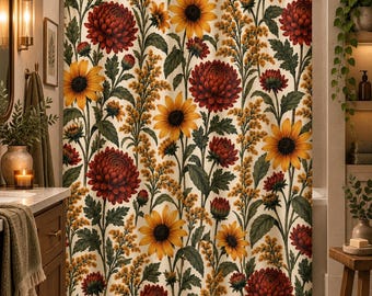 Botanical Shower Curtain | Sunflower Chrysanthemum Goldenrod Floral Bath Decor | Vintage Cottagecore Wildflower Bathroom Curtain