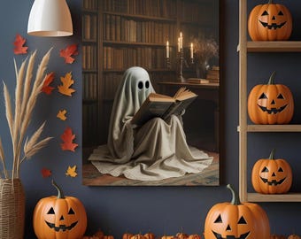 May include: A Halloween-themed image features a ghost reading a book in front of a bookshelf. Orange jack-o'-lanterns and fall leaves decorate the scene. A wooden shelf displays three carved pumpkins. A wicker vase holds tall, dried grass.
