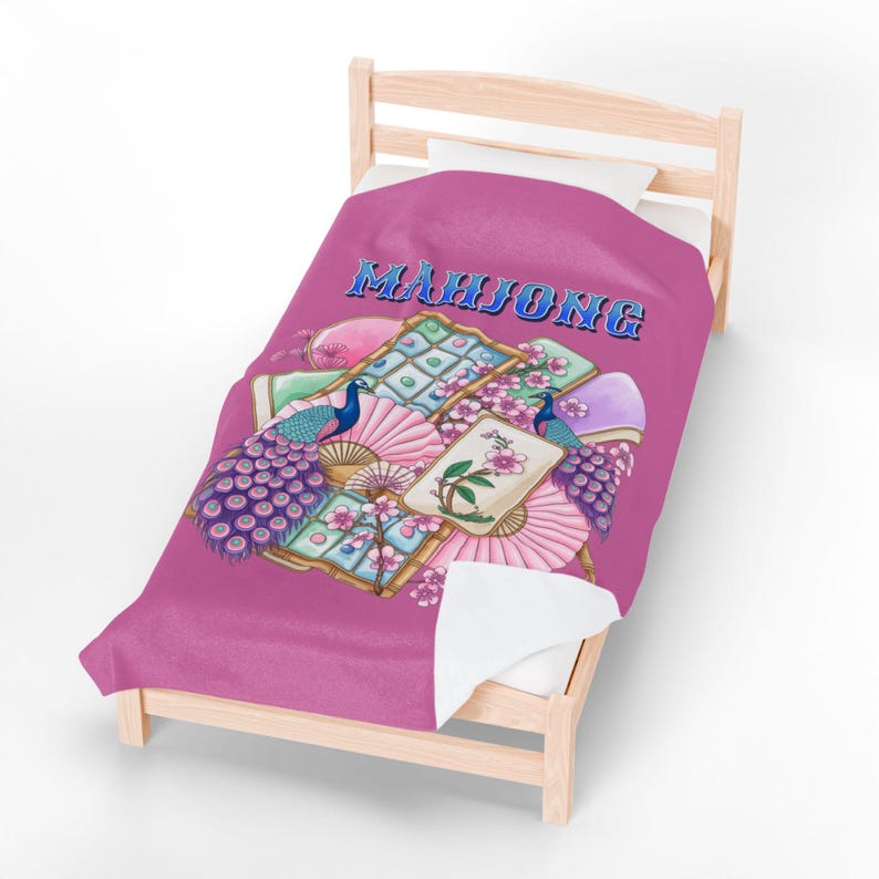 Mahjongplattor och fläktar sammetsfilt | Rosa Mahjong-pläd bild 14