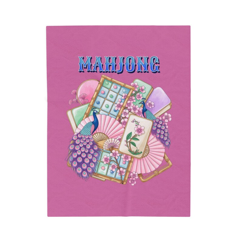 Mahjongplattor och fläktar sammetsfilt | Rosa Mahjong-pläd bild 3