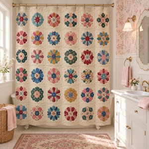 Dresden Plate Quilt Shower Curtain, Faux Patchwork Bathroom Decor, Vintage Grandmillennial, Quilter Gift