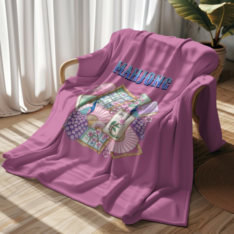 Mahjongplattor och fläktar sammetsfilt | Rosa Mahjong-pläd bild 19
