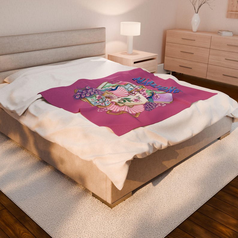 Mahjongplattor och fläktar sammetsfilt | Rosa Mahjong-pläd bild 9