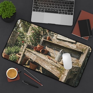 Rustic Potting Bench Desk Mat | Garden Tools, Terracotta Pots, Watering Can
