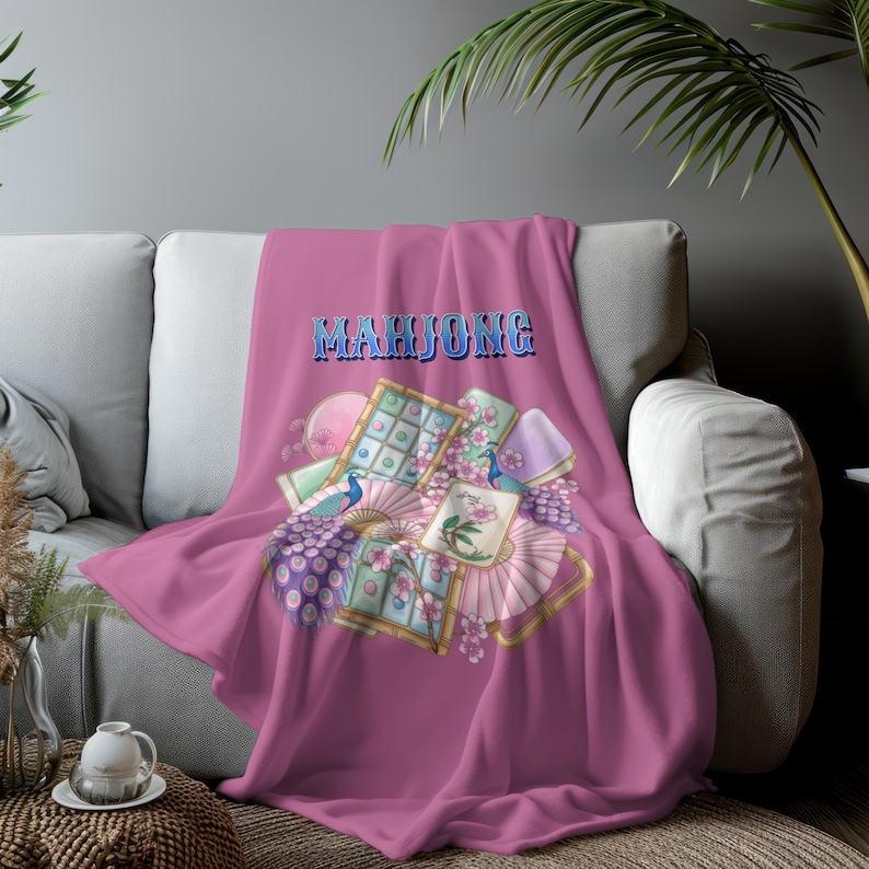 Mahjongplattor och fläktar sammetsfilt | Rosa Mahjong-pläd bild 1