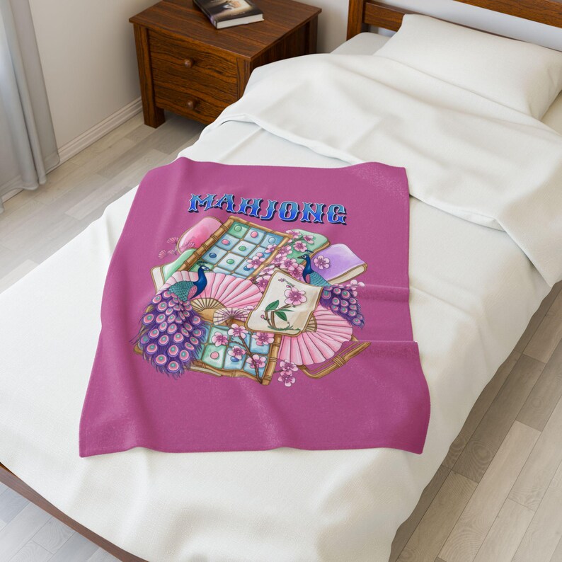Mahjongplattor och fläktar sammetsfilt | Rosa Mahjong-pläd bild 5