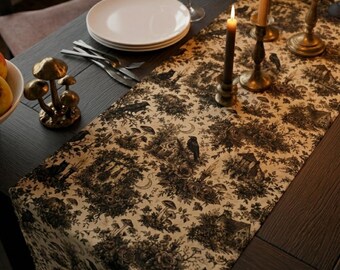 Fall Table Runner, Moody Cottagecore Halloween Autumn Decor, Quilted Gothic Toile Runner, Dark Academia Thanksgiving Linen