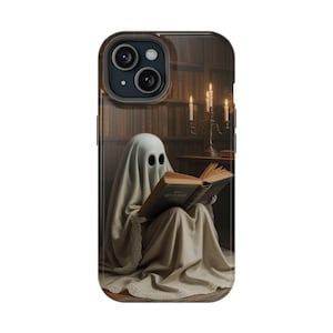 Halloween Ghost Phone Case, Spooky Cute Bookish iPhone Case, Fall Aesthetic, MagSafe Tough Case, Gothic Library, Cozy Ghost Art