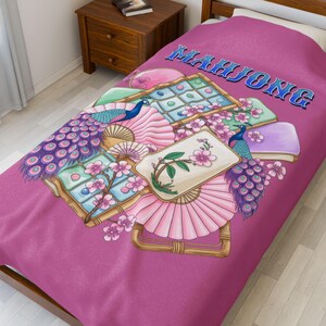 Mahjongplattor och fläktar sammetsfilt | Rosa Mahjong-pläd bild 12