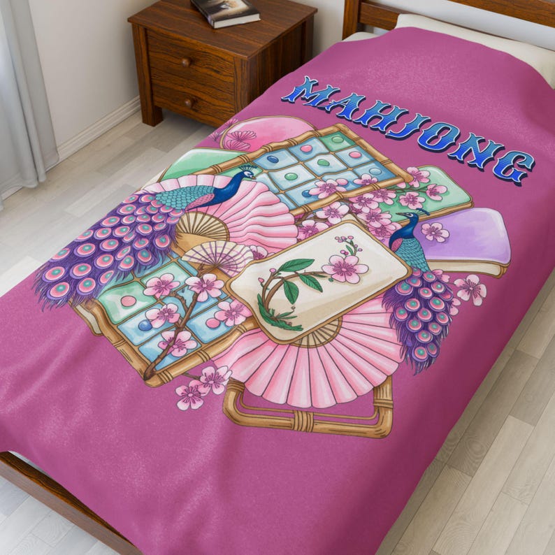 Mahjongplattor och fläktar sammetsfilt | Rosa Mahjong-pläd bild 12