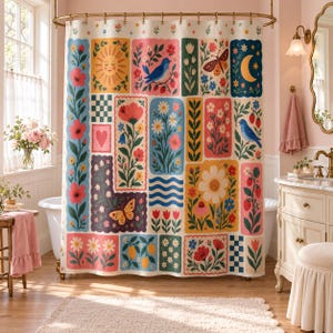 May include: A shower curtain featuring a patchwork design of colourful illustrations including a sun, moon, birds, butterflies, strawberries, lemons, and various floral patterns in shades of red, blue, yellow, and green on a cream background.