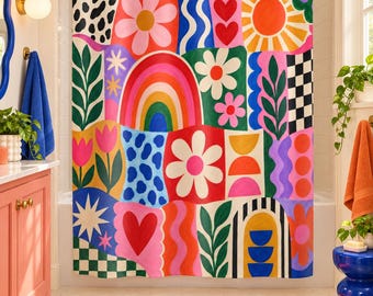 Kleurrijk Maximalistisch Douchegordijn | Dopamine Decor Badkamer | Retro Funky Bloemen Regenboog Badgordijn | Play Haus Leuke Eclectische Woondecoratie
