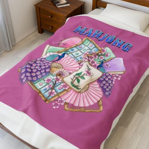 Mahjongplattor och fläktar sammetsfilt | Rosa Mahjong-pläd bild 2