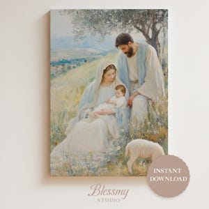 HOLY FAMILY Digital Painting Nativity Scene Wall Art Print Birth of Jesus Download Catholic Artwork Christmas Christian Art Virgin Mary |051