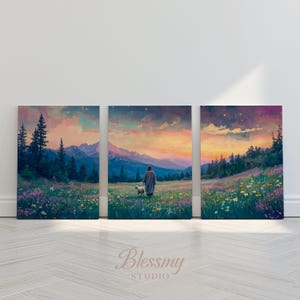 JESUS LEAVE THE 99 Set of 3 Pieces Landscape Wall Art Good Shepherd Sinner Christian Triptych Poster Parable of The Lost Sheep Download |026